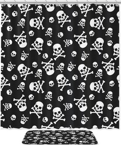 Skull Crossbones Pattern Print Shower Curtain For Bathroom Tub Set