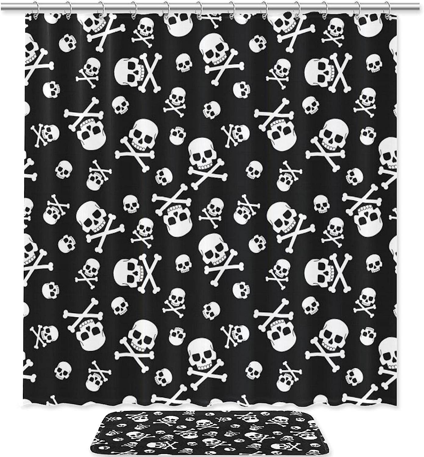 Skull Crossbones Pattern Print Shower Curtain For Bathroom Tub Set
