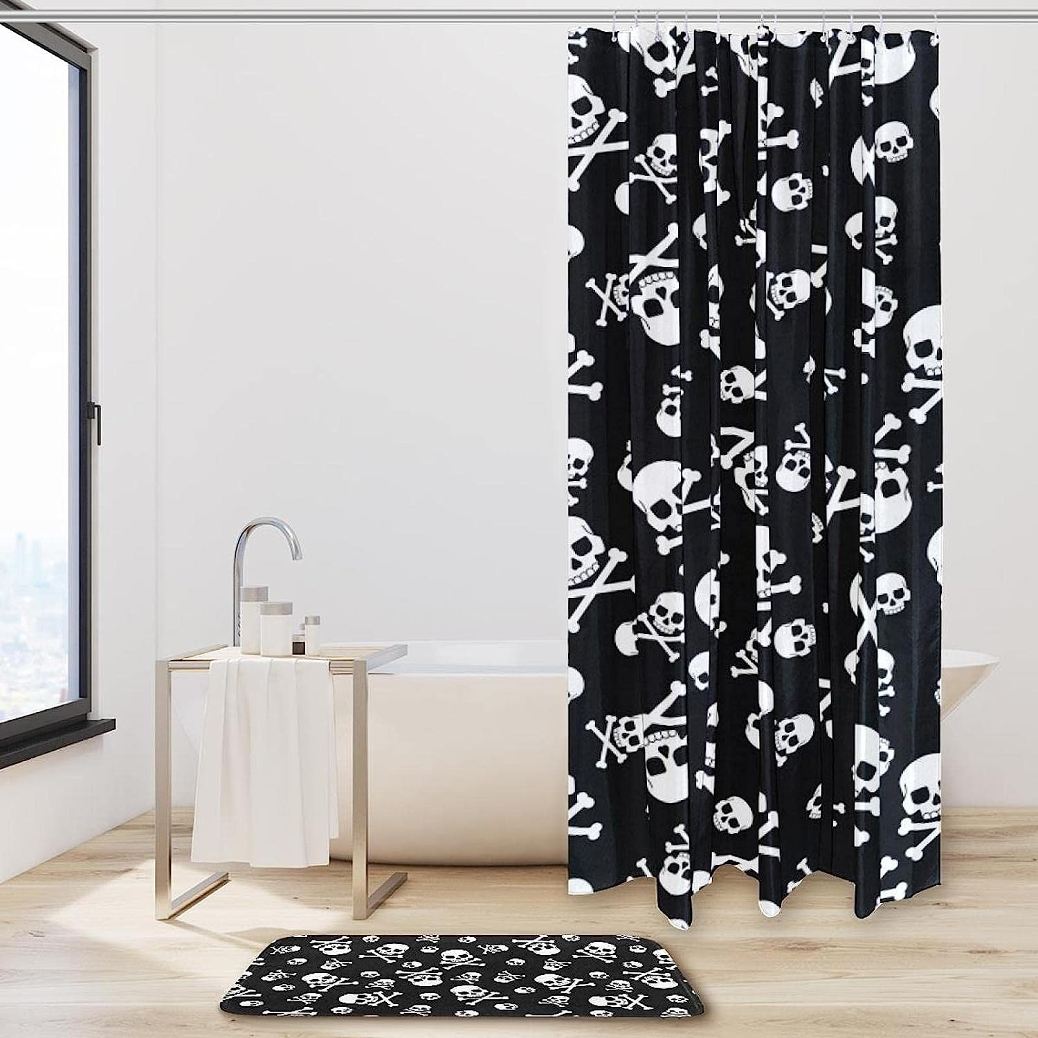 Skull Crossbones Pattern Print Shower Curtain For Bathroom Tub Set - Image 2