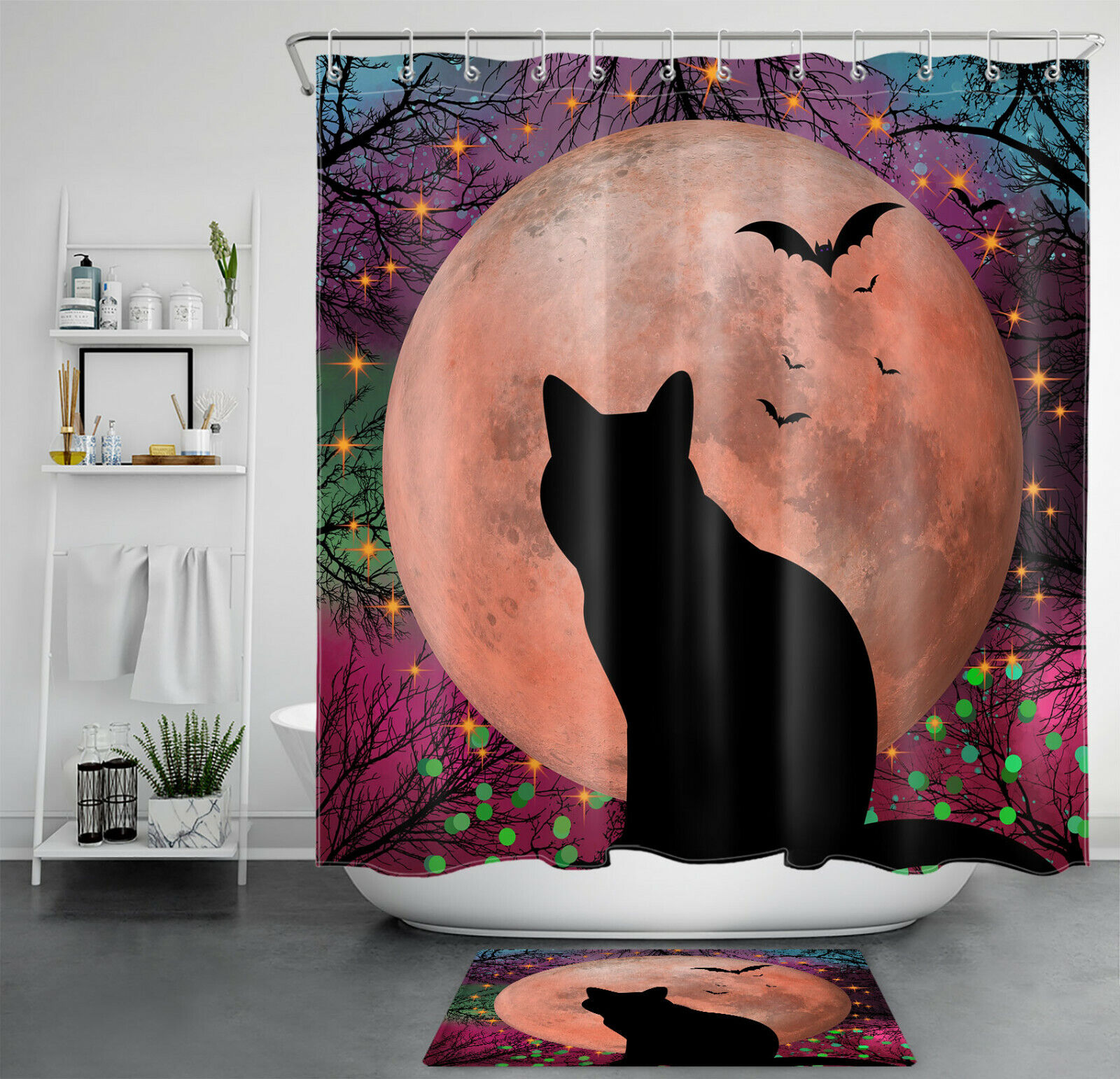 Skull, Crow, And Bat Halloween Forest Shower Curtain - Spooky Rustic Design
