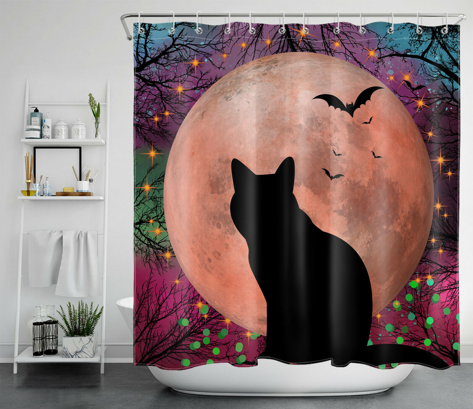 Skull, Crow, And Bat Halloween Forest Shower Curtain - Spooky Rustic Design