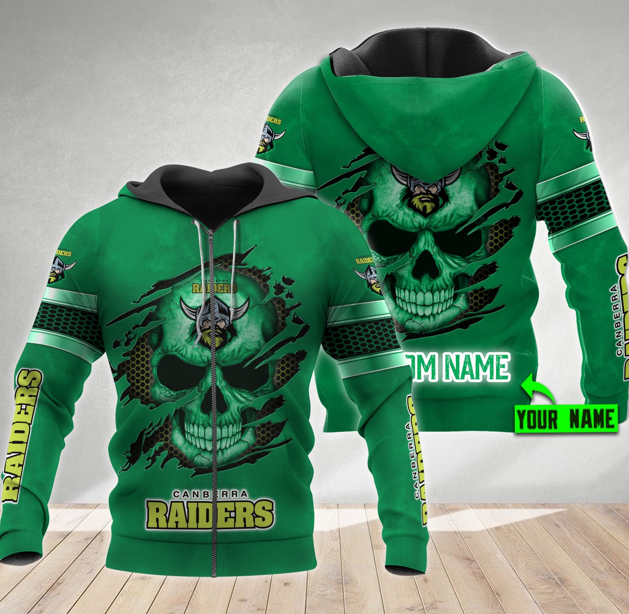 Skull Custom Name 3D All Over Print Hoodie - Canberra Raiders Nrl