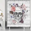 Skull Flowers Pink Black Stripes Print Waterproof Shower Curtain For A Gothic And Unique Bathroom Decor