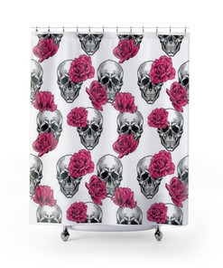 Skull Flowers Shower Curtain With Goth Floral Print For Bathroom Decor 