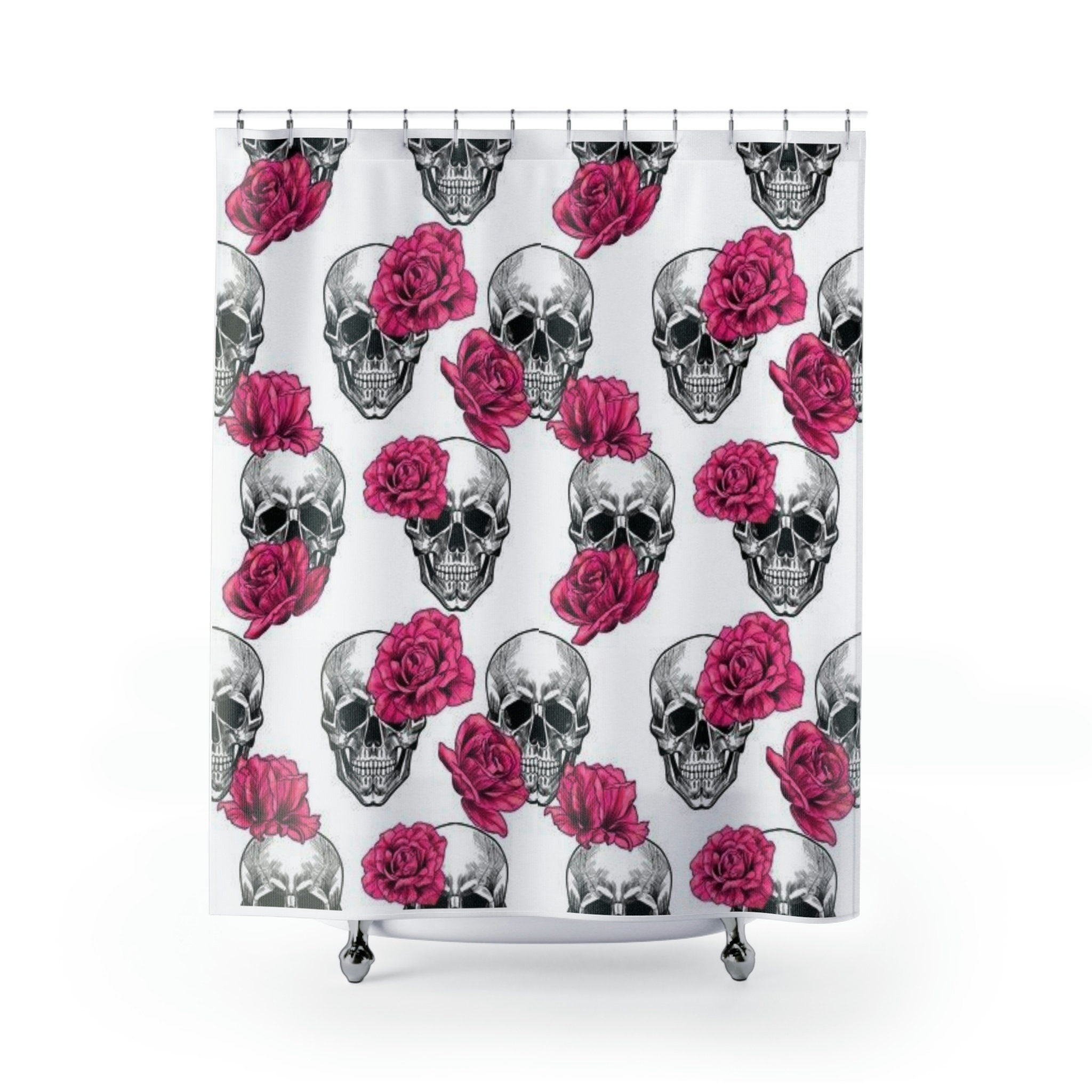 Skull Flowers Shower Curtain With Goth Floral Print For Bathroom Decor