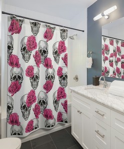 Skull Flowers Shower Curtain With Goth Floral Print For Bathroom Decor