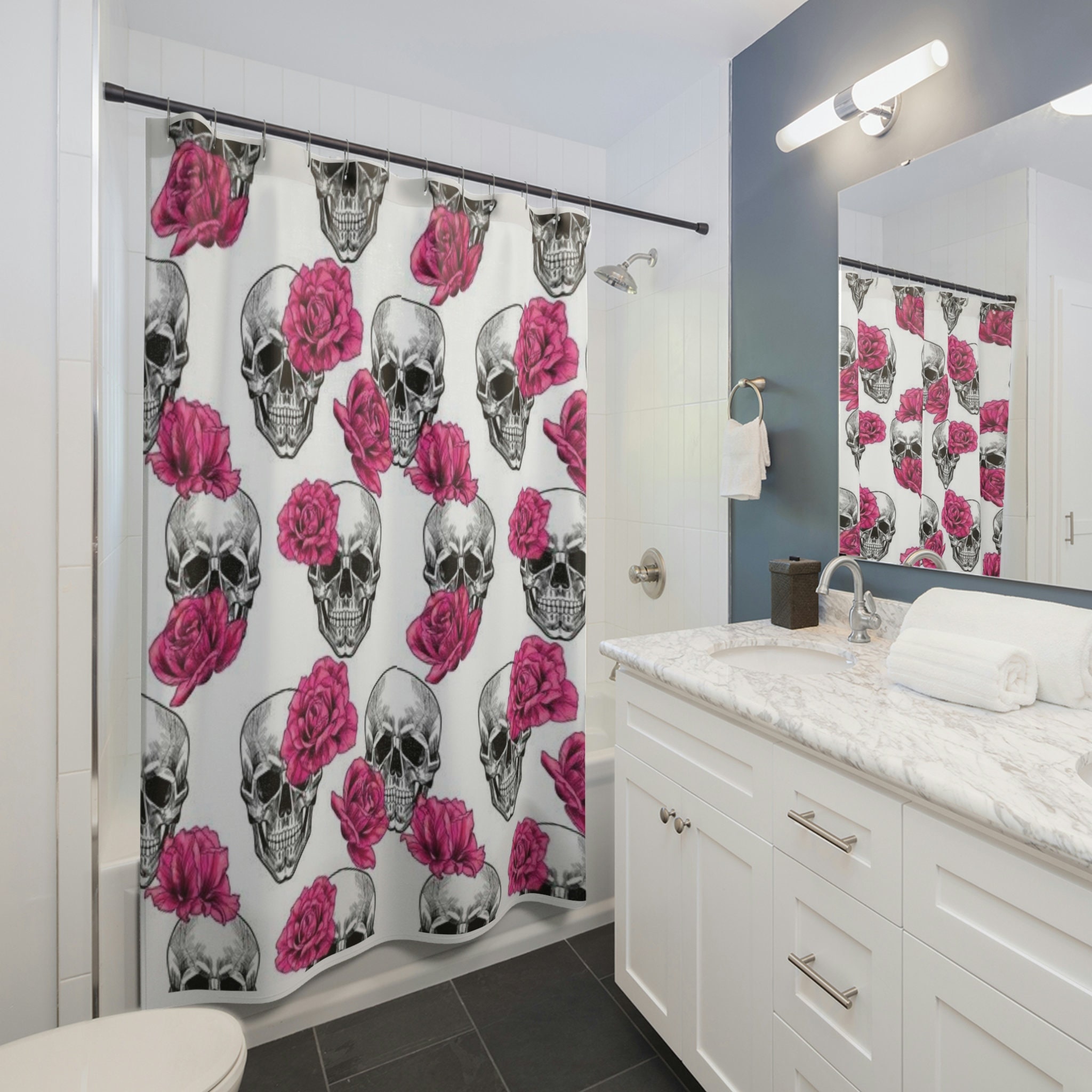 Skull Flowers Shower Curtain With Goth Floral Print For Bathroom Decor