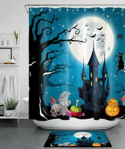 Skull, Ghost, And Castle Halloween Shower Curtain - Scary And Eerie Bathroom Decor