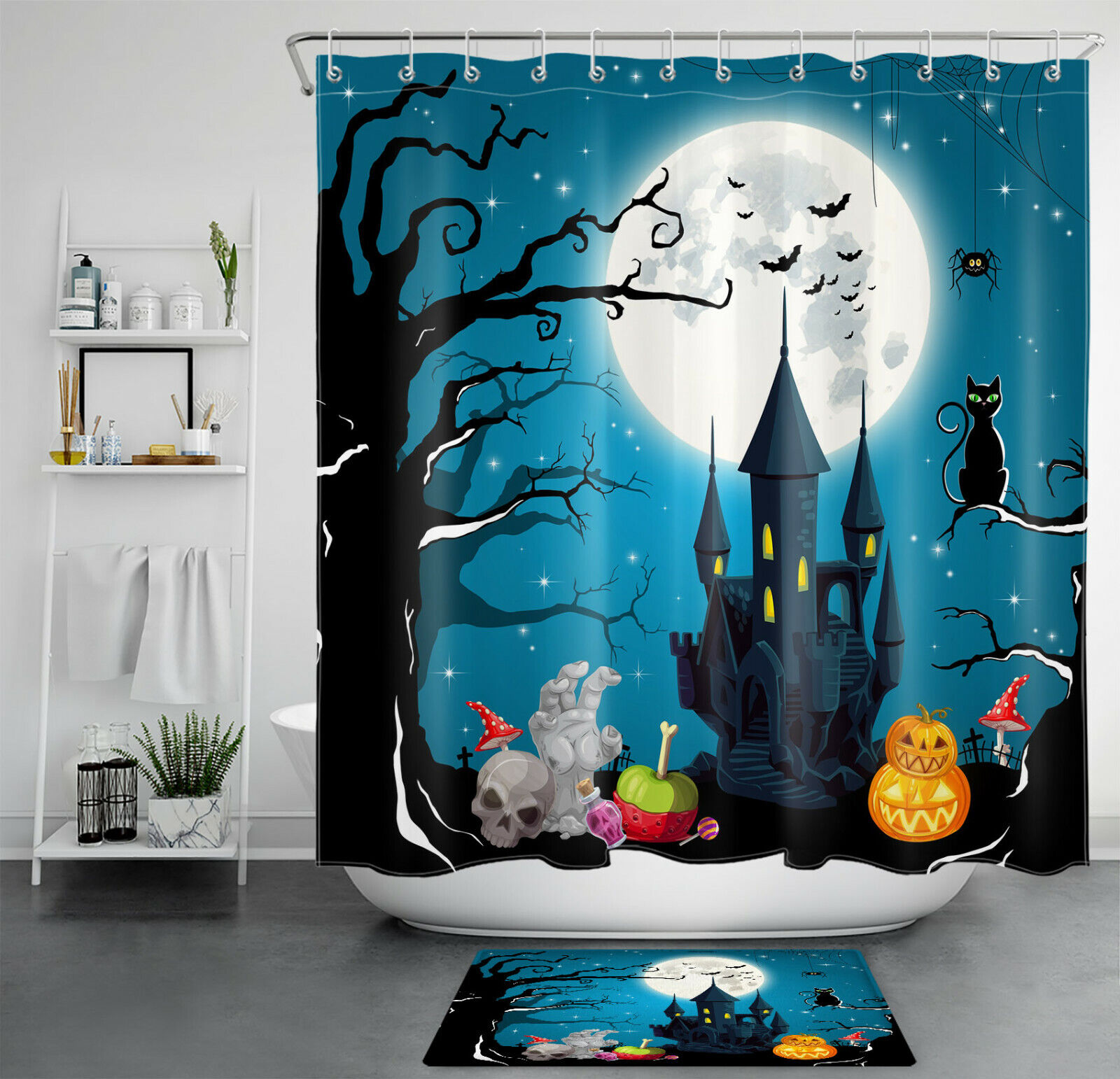 Skull, Ghost, And Castle Halloween Shower Curtain - Scary And Eerie Bathroom Decor