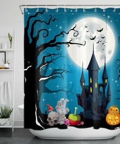 Skull, Ghost, And Castle Halloween Shower Curtain - Scary And Eerie Bathroom Decor