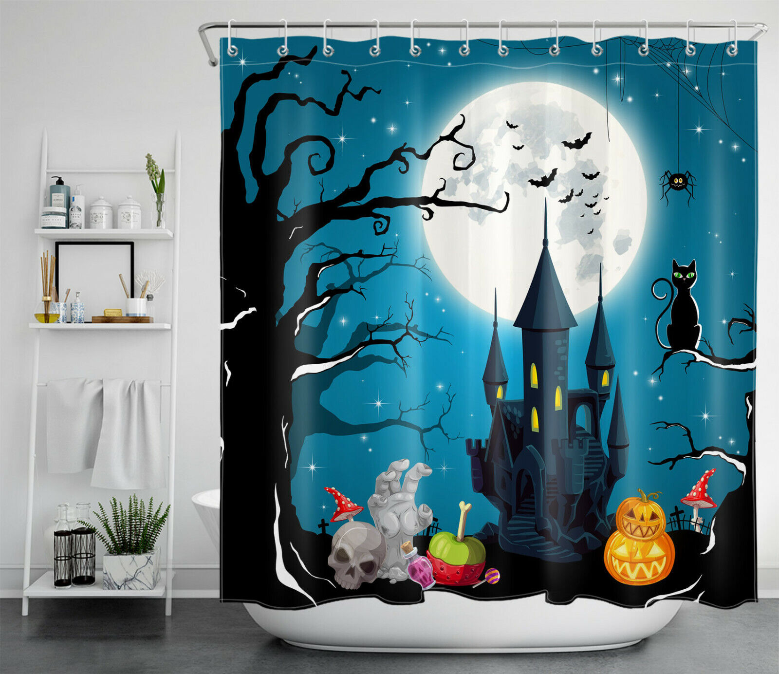 Skull, Ghost, And Castle Halloween Shower Curtain - Scary And Eerie Bathroom Decor