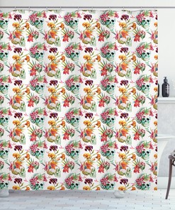 Skull Lilies Floral Leaves Watercolor Print Shower Curtain