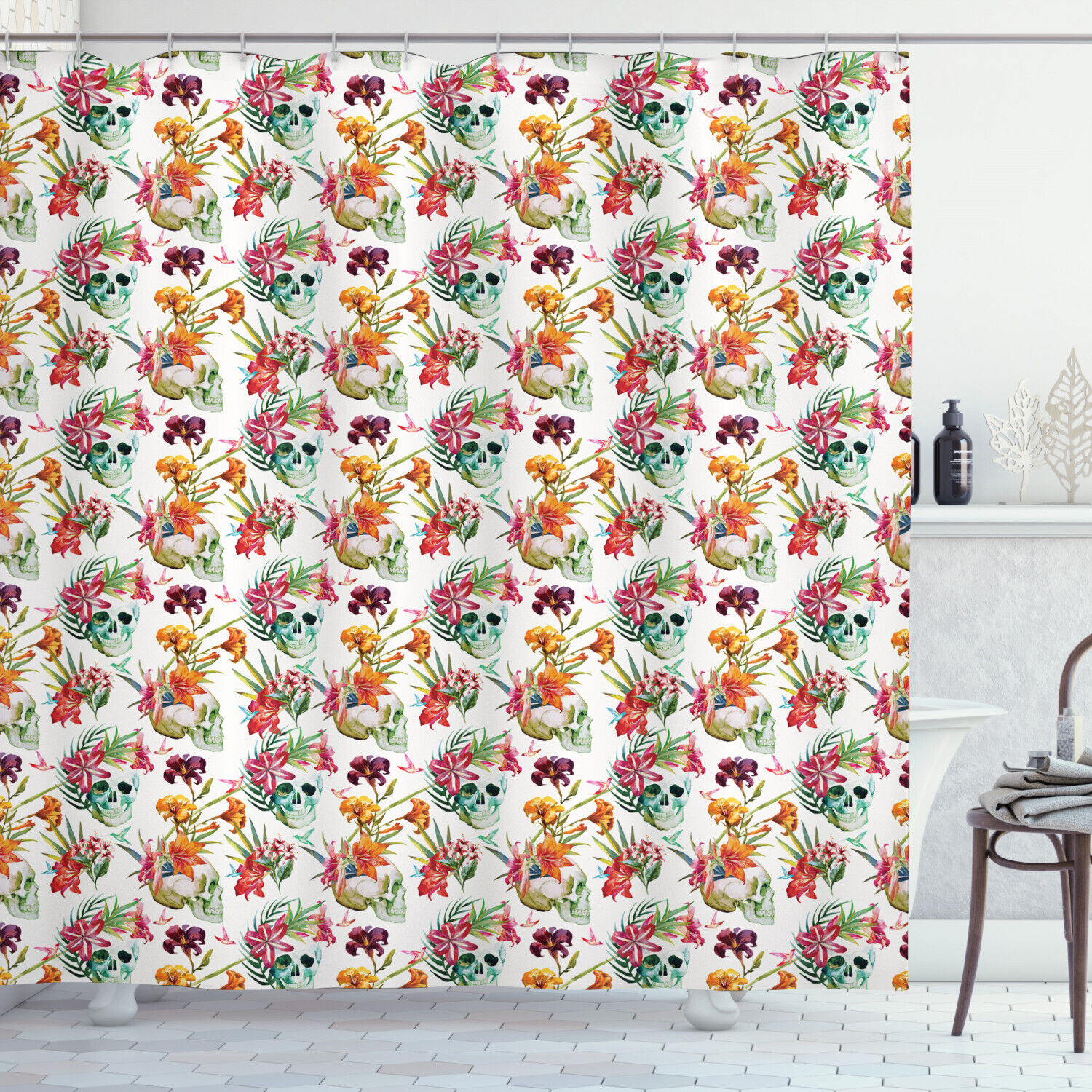 Skull Lilies Floral Leaves Watercolor Print Shower Curtain