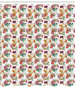 Skull Lilies Floral Leaves Watercolor Print Shower Curtain