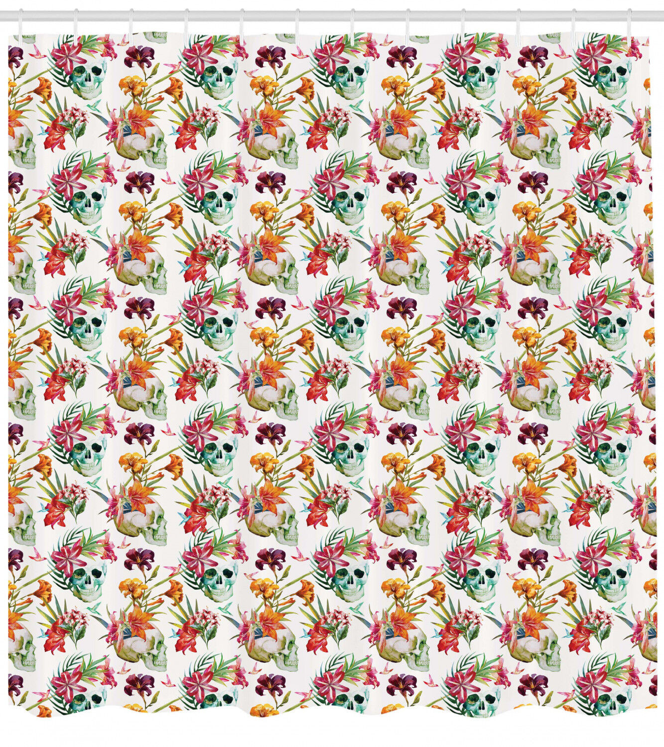 Skull Lilies Floral Leaves Watercolor Print Shower Curtain