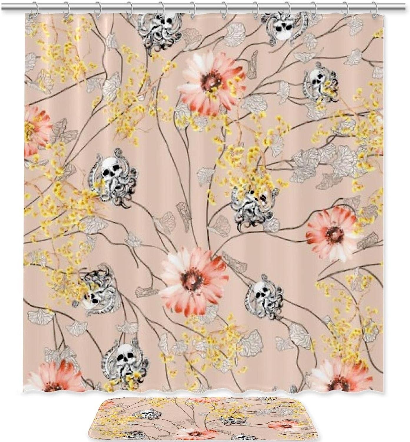 Skull Octopus Flower Print Shower Curtain For Bathroom Tub Set