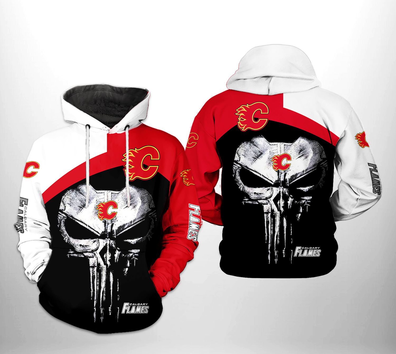 Skull Punisher 3D All Over Print Hoodie With Zip Up Option - Calgary Flames Nhl
