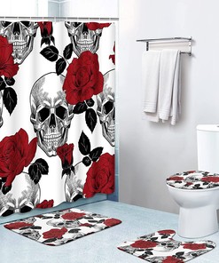 Skull Red Roses Flower Black Unique Shower Curtains For Bathroom Decor