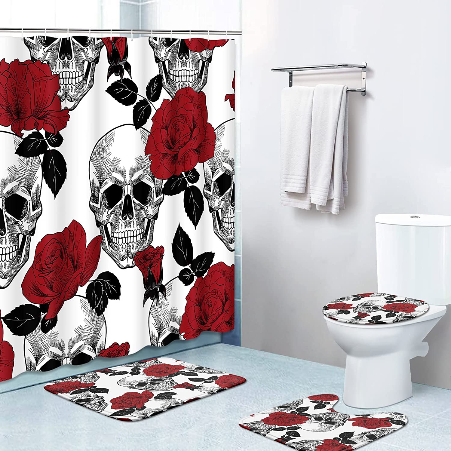 Skull Red Roses Flower Black Unique Shower Curtains For Bathroom Decor