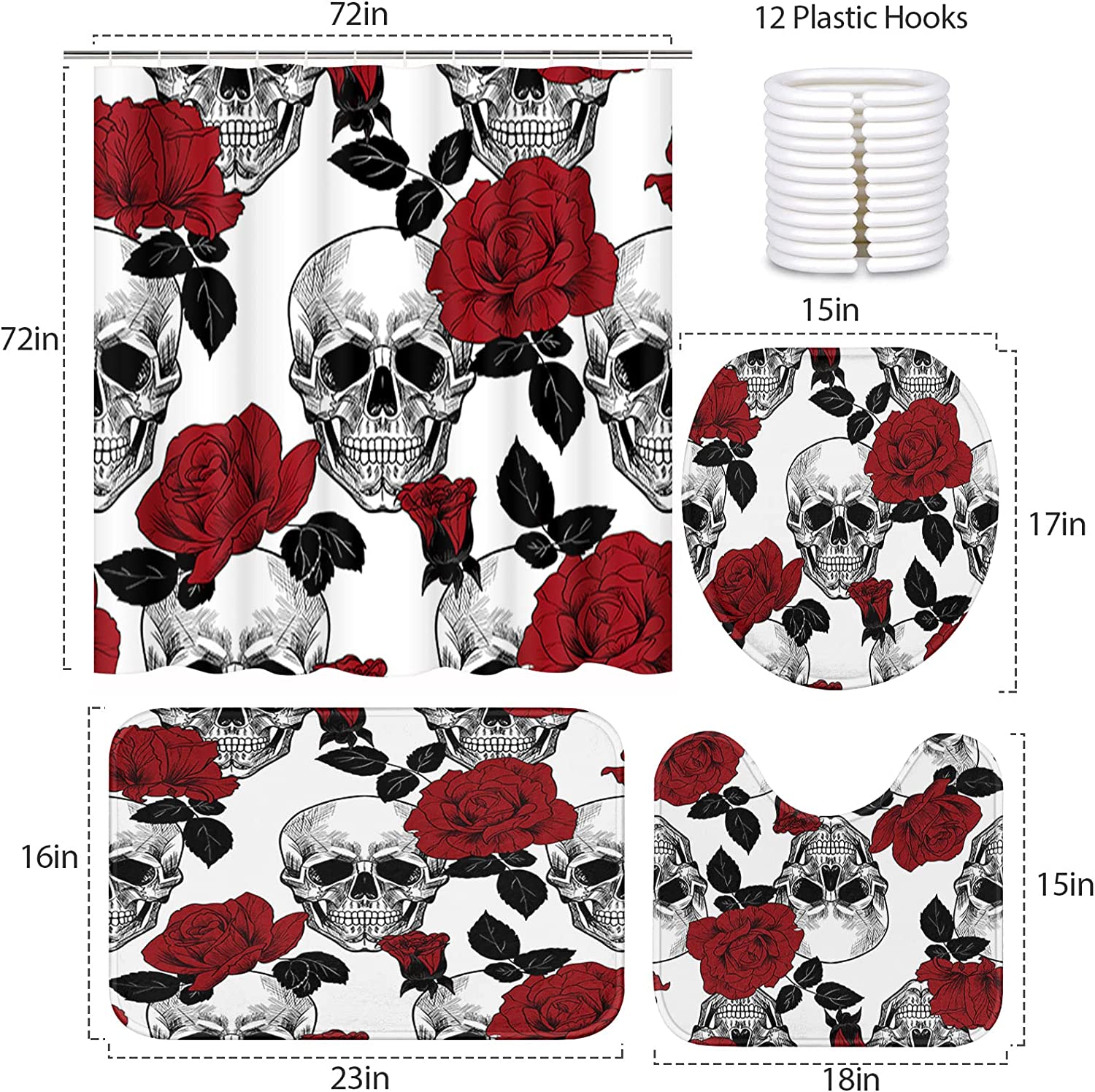 Skull Red Roses Flower Black Unique Shower Curtains For Bathroom Decor - Image 2