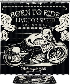 Skull Rider On Classic Motorcycle Shower Curtain, Set of 2, Waterproof Fabric for Bathroom Decor