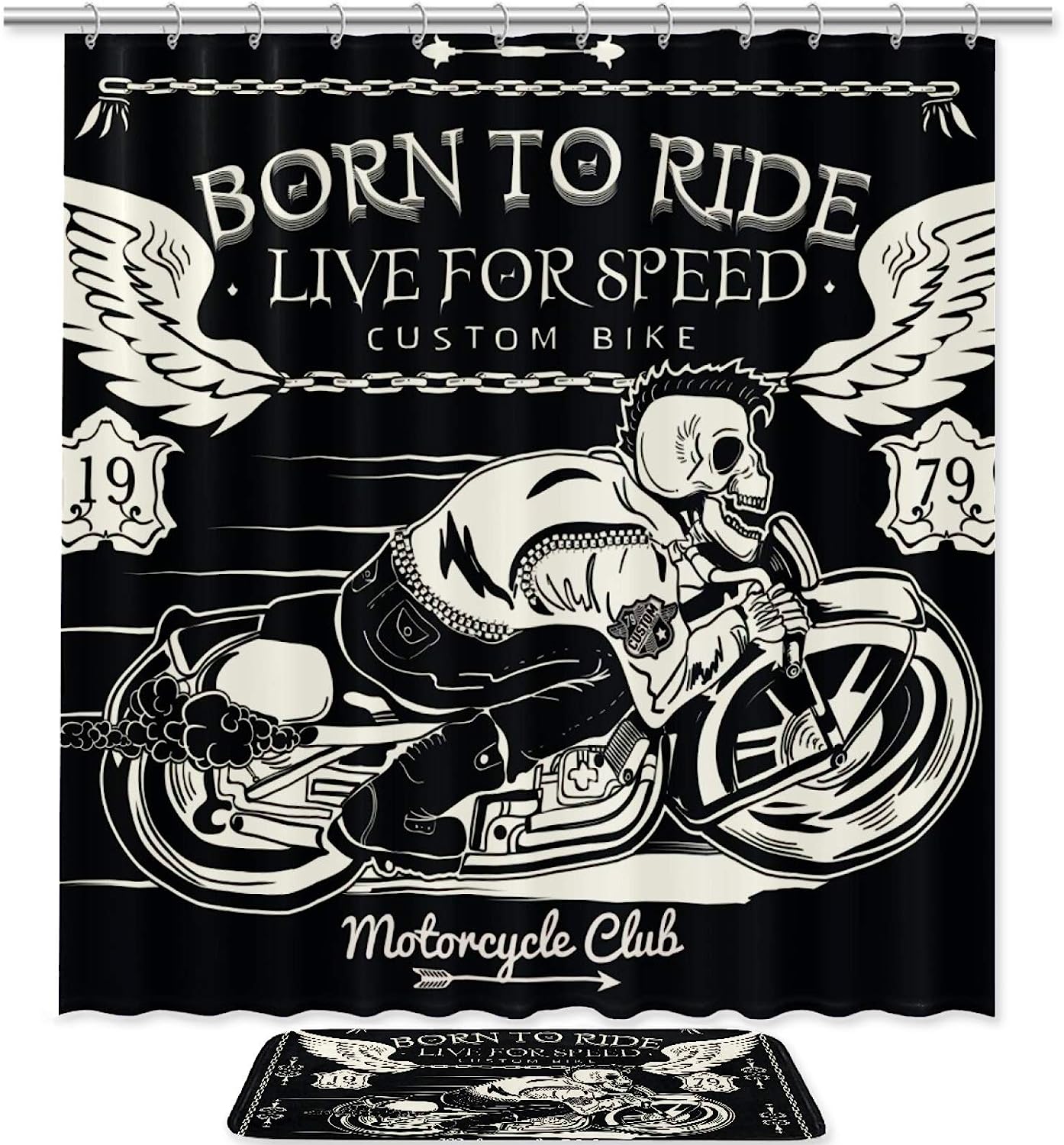 Skull Rider On Classic Motorcycle Shower Curtain, Set of 2, Waterproof Fabric for Bathroom Decor