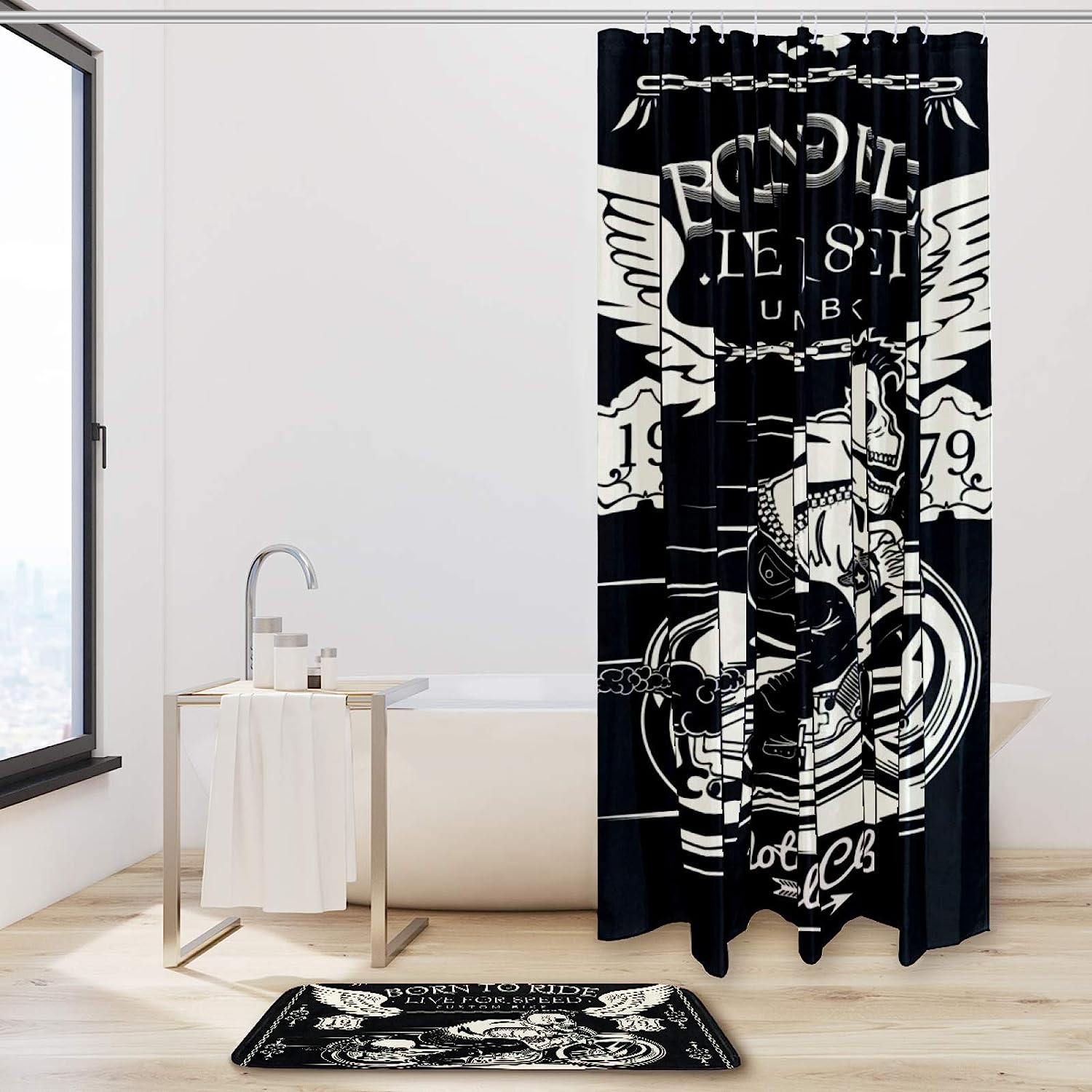 Skull Rider On Classic Motorcycle Shower Curtain, Set of 2, Waterproof Fabric for Bathroom Decor