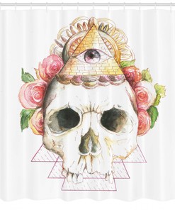 Skull Shower Curtain With Holy Eye Sign, Printed For Gothic Bathroom Decor