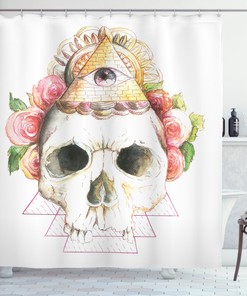 Skull Shower Curtain With Holy Eye Sign, Printed For Gothic Bathroom Decor