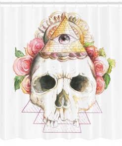 Skull Shower Curtain With Holy Eye Sign, Printed For Gothic Bathroom Decor