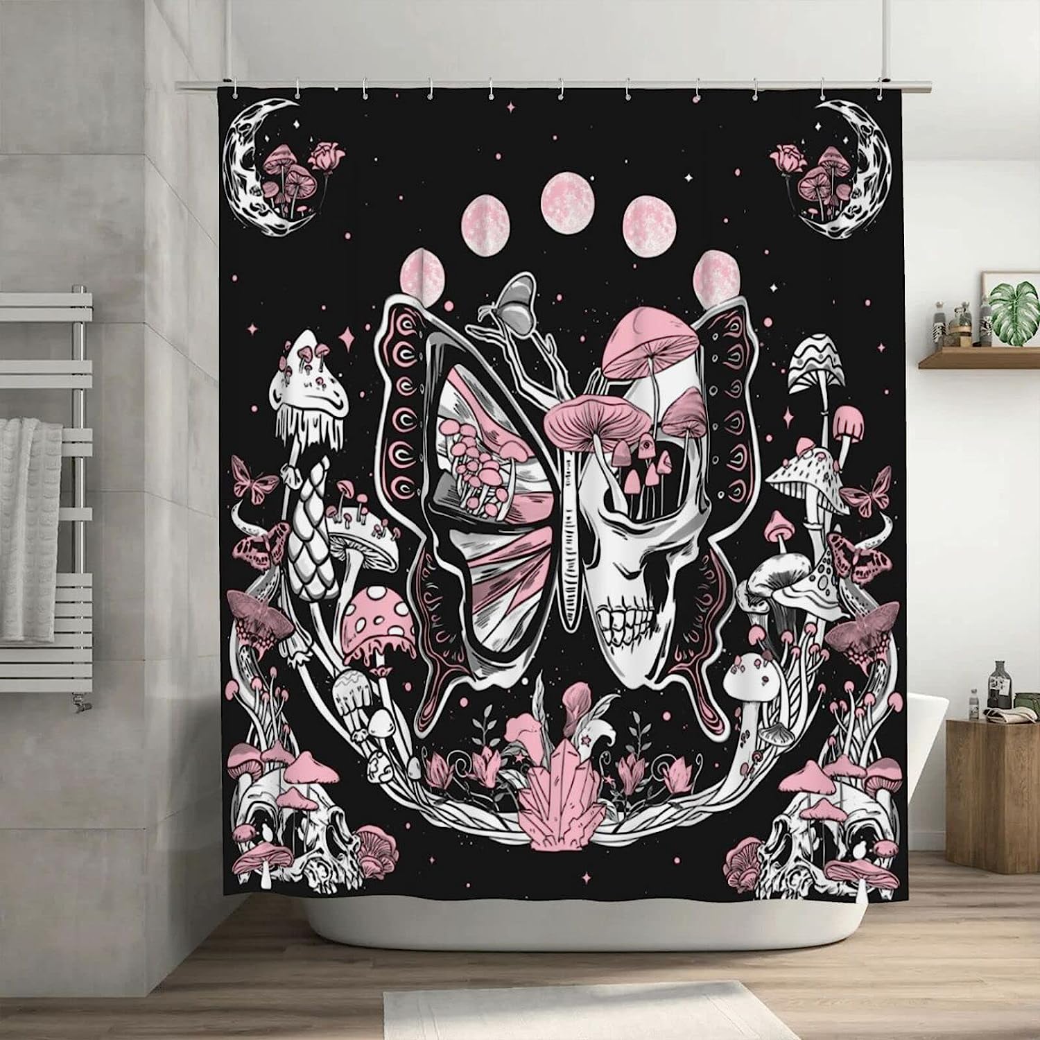 Skull Skeleton Moon Phase Witchy Mushroom Butterfly Night Plant Botanical Goth Moonlit Aesthetic Shower Curtain