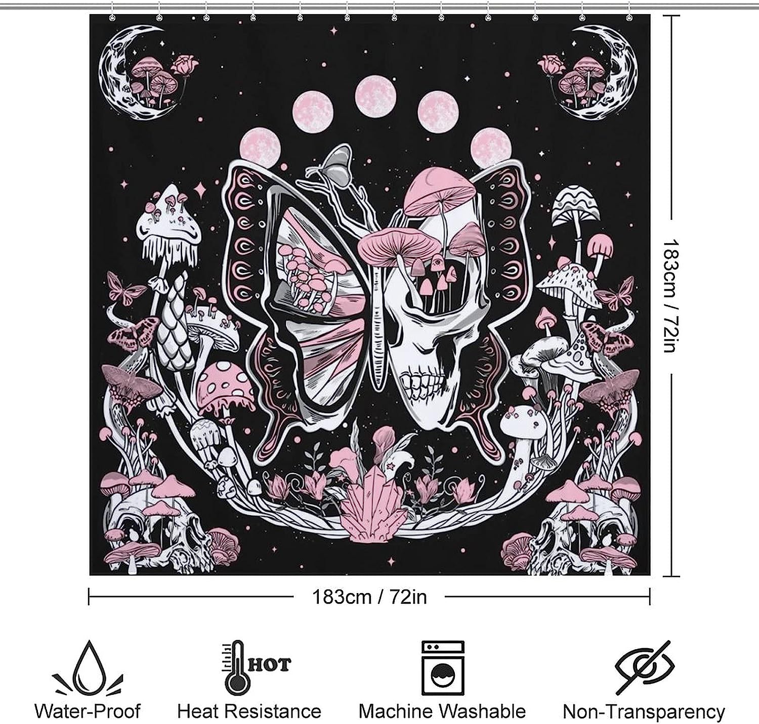 Skull Skeleton Moon Phase Witchy Mushroom Butterfly Night Plant Botanical Goth Moonlit Aesthetic Shower Curtain - Image 2