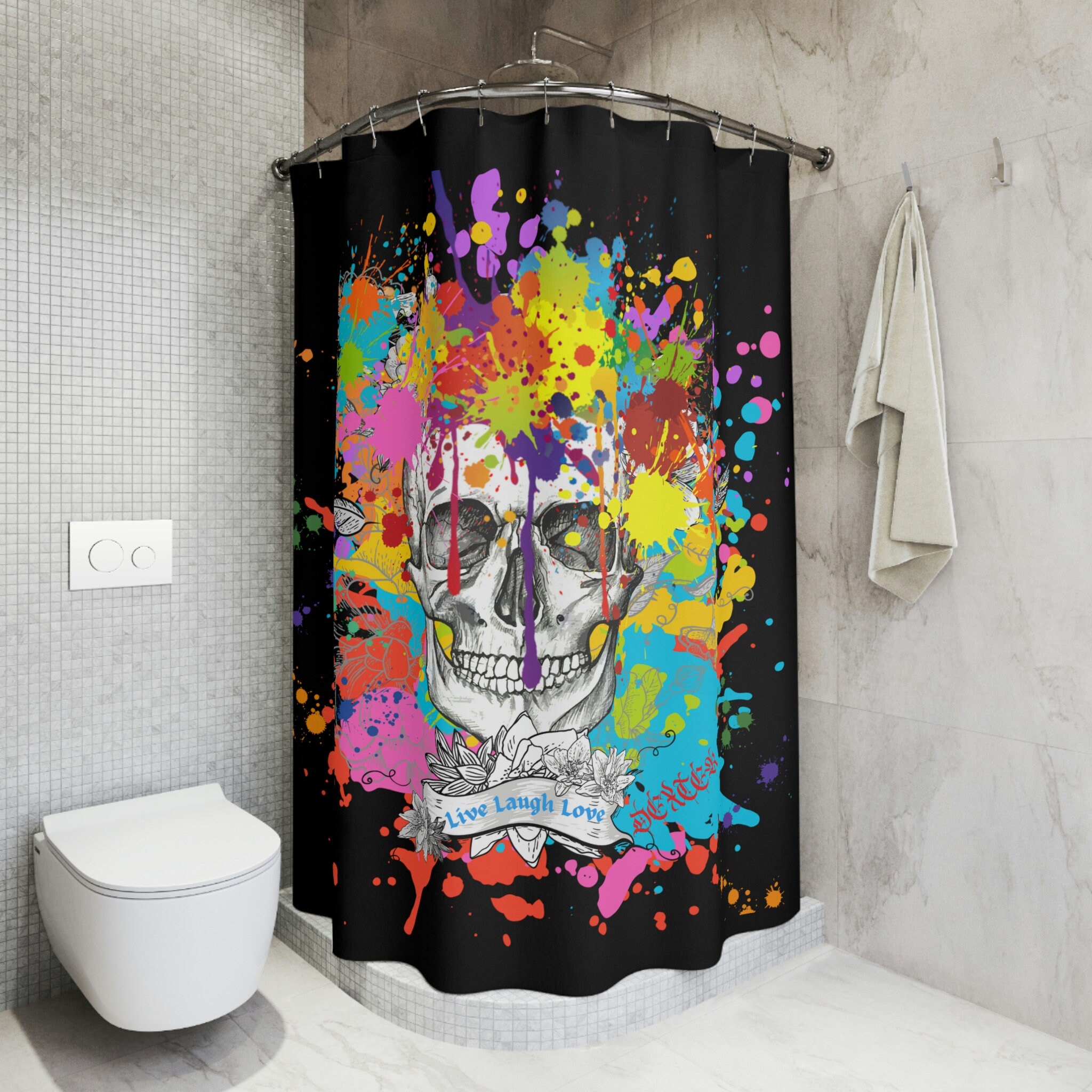 Skull Splash Print Shower Curtain for a Playful and Spooky Bathroom Decor