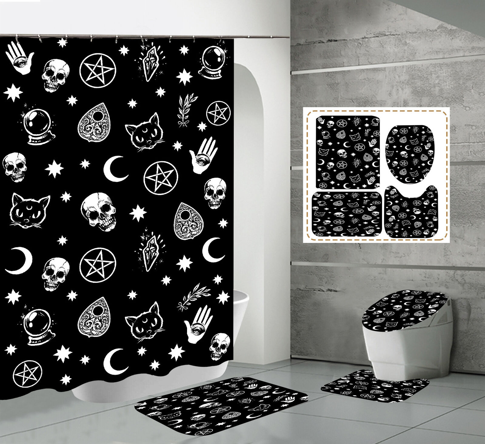 Skull Star Moon Print Shower Curtain - Unique Bathroom Decor