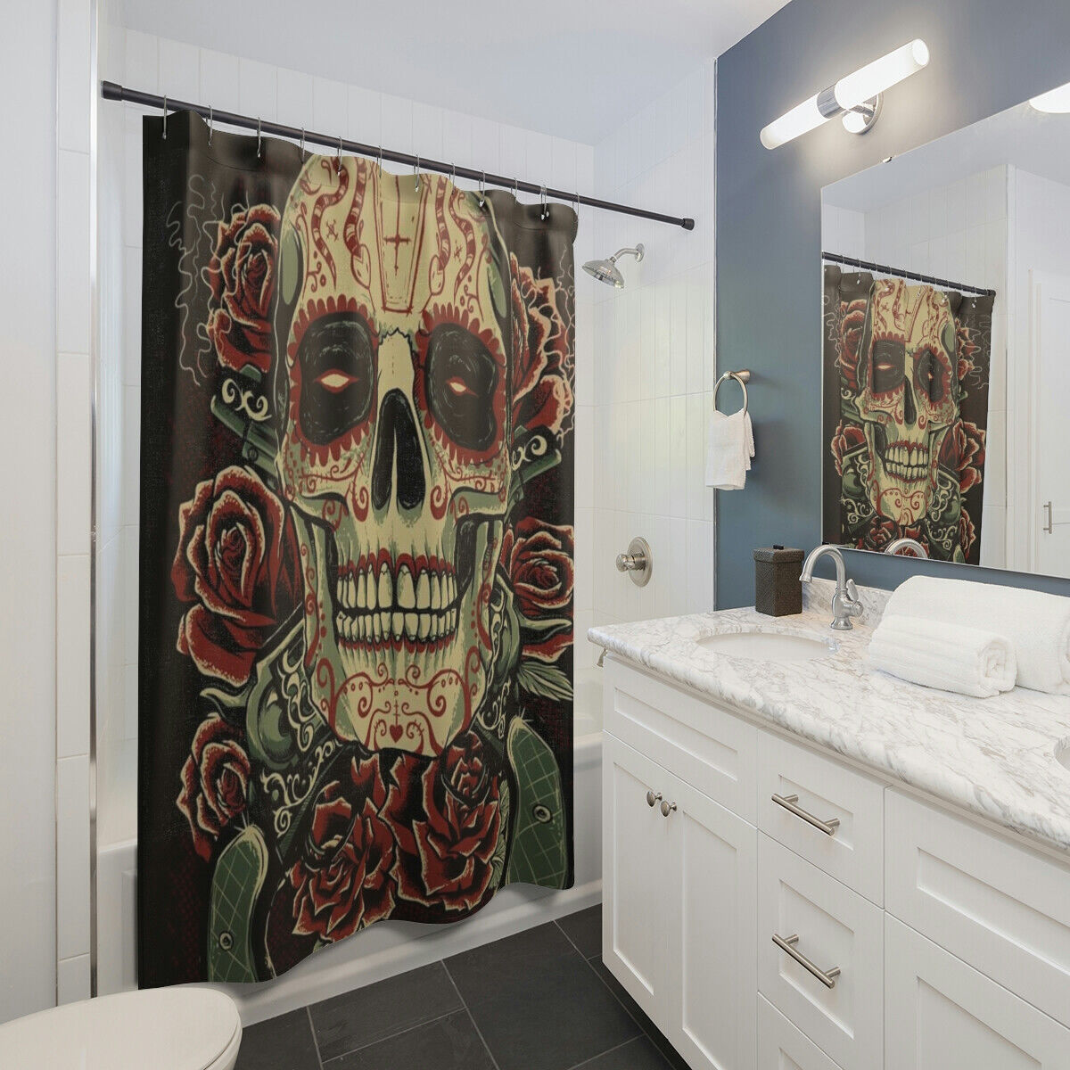 Skull and Crossed Cutlasses Pirate Flag Shower Curtain, Jolly Roger Bathroom Decor