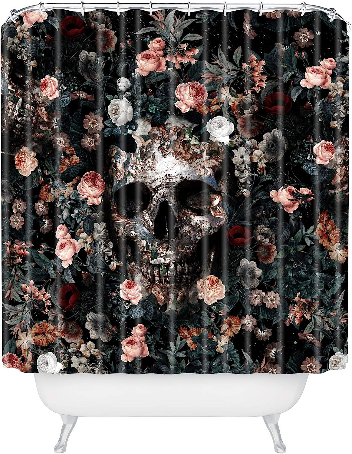 Skull and Floral Pattern Print Shower Curtain for a Unique Touch in Your Bathroom