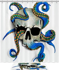 Skull and Octopus Illustration Shower Curtain Bath Mat Durable Waterproof Bathroom Decor