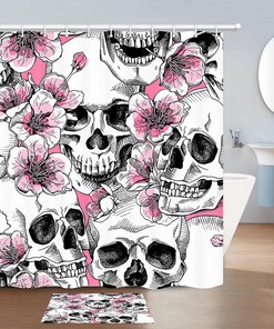 Skull and Pink Flowers Fresh and Simple Shower Curtain - Retro Bath Fabric for Unique Decor