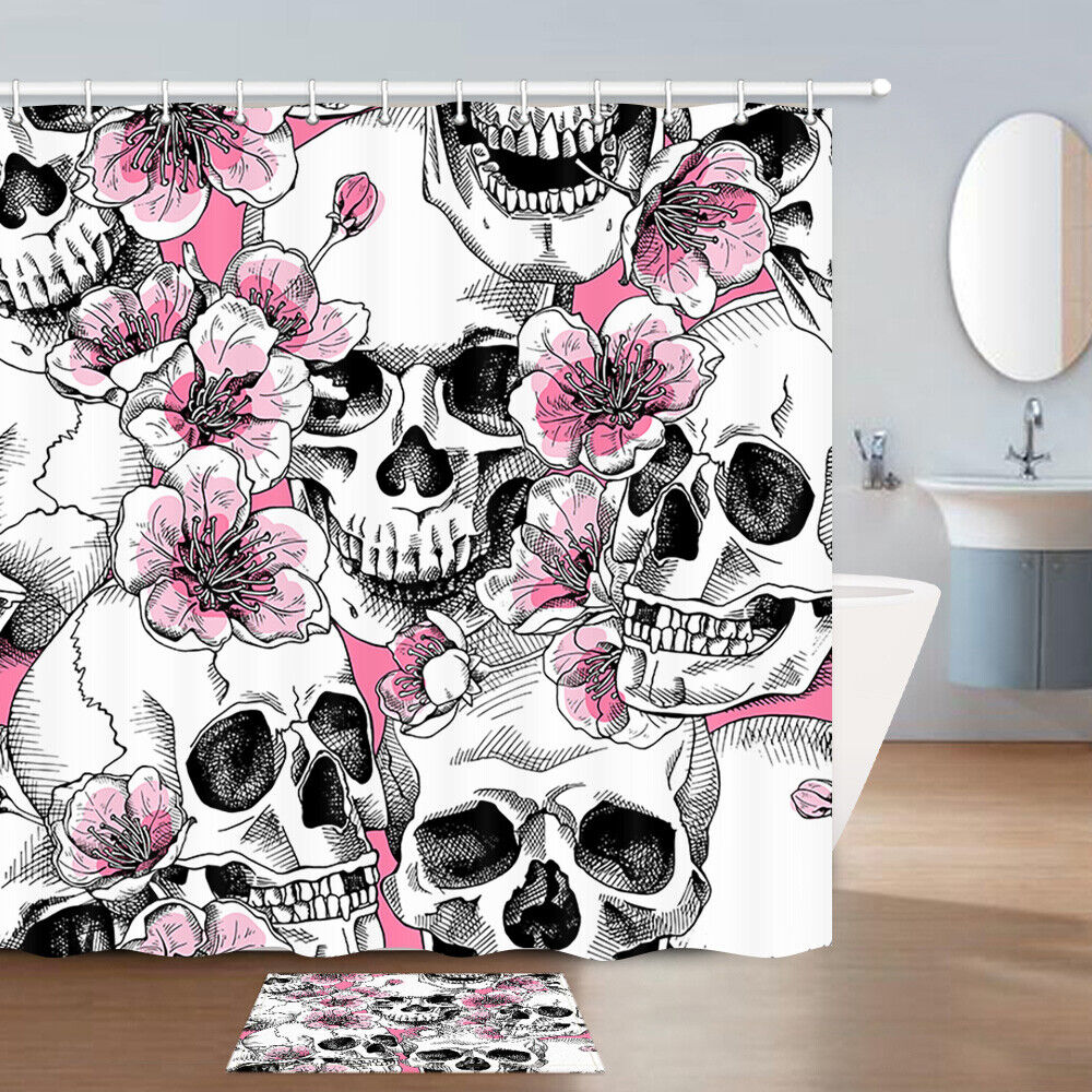 Skull and Pink Flowers Fresh and Simple Shower Curtain - Retro Bath Fabric for Unique Decor