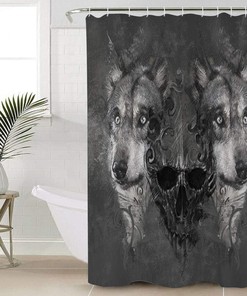Skull and Wolf Grey Hunt Print Shower Curtain - Waterproof Bathroom Curtain Liner