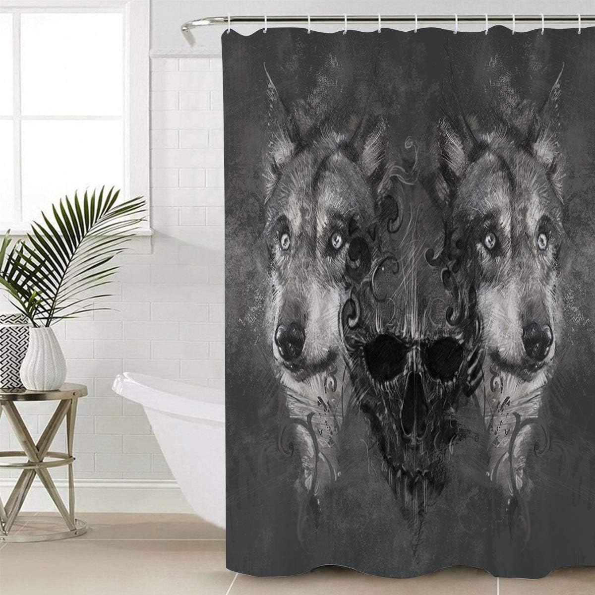 Skull and Wolf Grey Hunt Print Shower Curtain - Waterproof Bathroom Curtain Liner