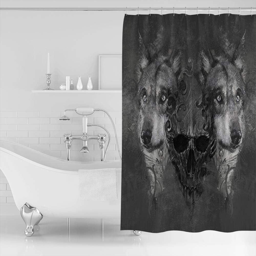 Skull and Wolf Grey Hunt Print Shower Curtain - Waterproof Bathroom Curtain Liner