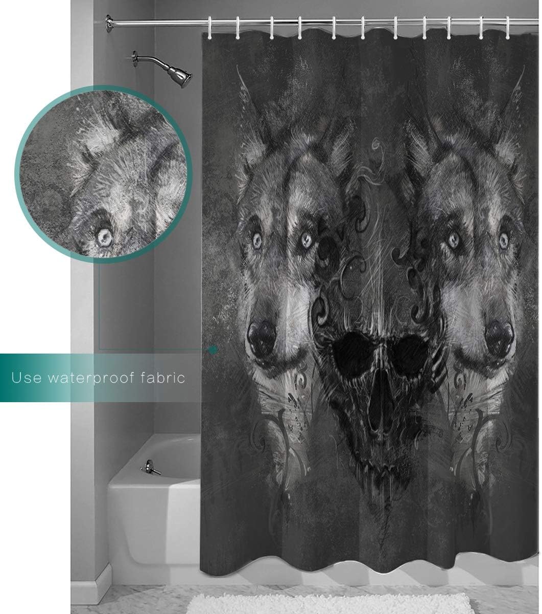 Skull and Wolf Grey Hunt Print Shower Curtain - Waterproof Bathroom Curtain Liner
