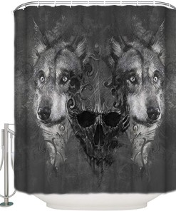 Skull and Wolf Grey Hunt Print Shower Curtain - Waterproof Bathroom Curtain Liner