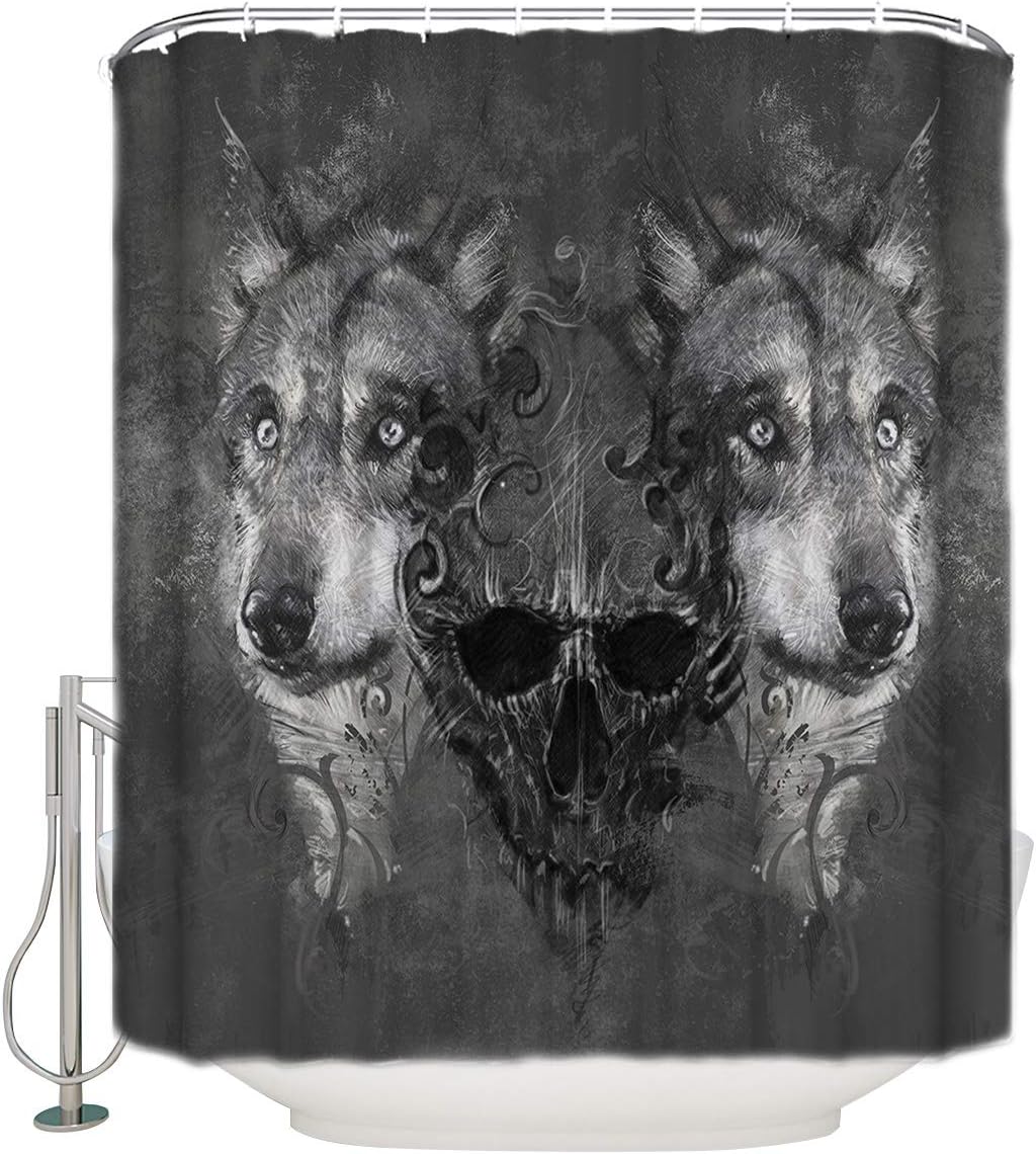 Skull and Wolf Grey Hunt Print Shower Curtain - Waterproof Bathroom Curtain Liner