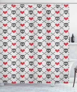 Skulls Red Hearts Print Shower Curtain For Quirky Bathroom