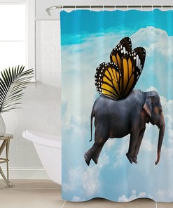 Sky Blue Funny Elephant Butterfly Unique Shower Curtain for Bathroom Decor