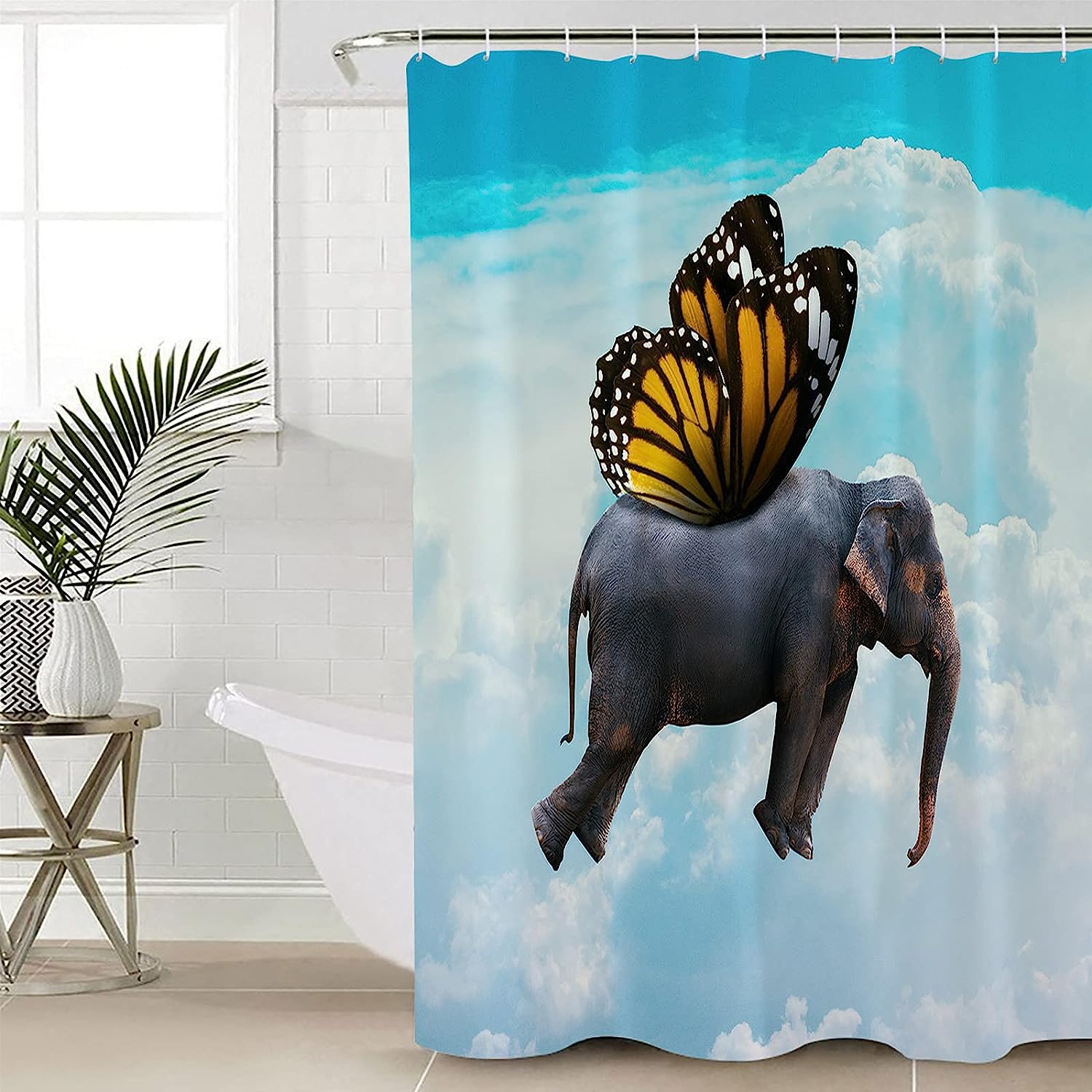 Sky Blue Funny Elephant Butterfly Unique Shower Curtain for Bathroom Decor