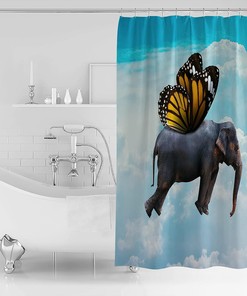 Sky Blue Funny Elephant Butterfly Unique Shower Curtain for Bathroom Decor