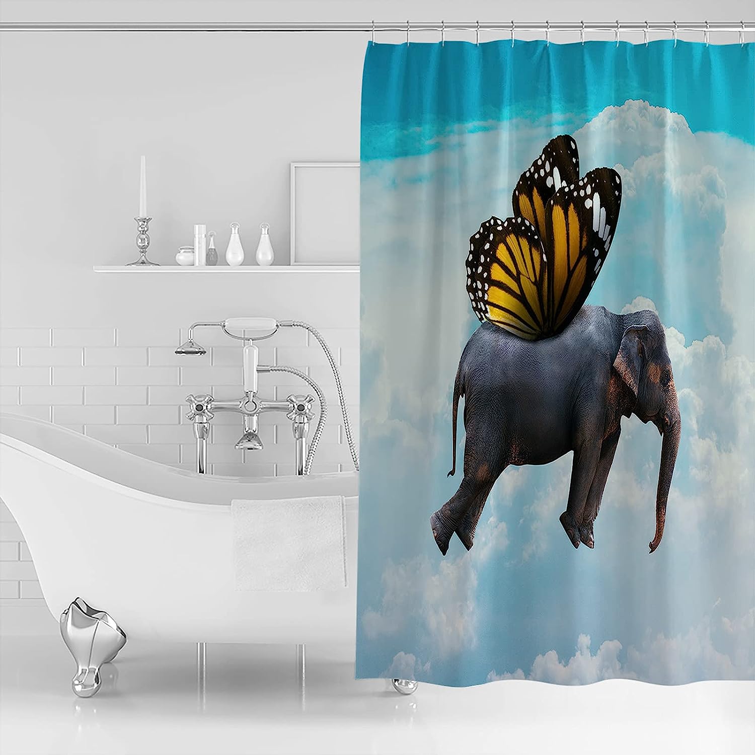 Sky Blue Funny Elephant Butterfly Unique Shower Curtain for Bathroom Decor